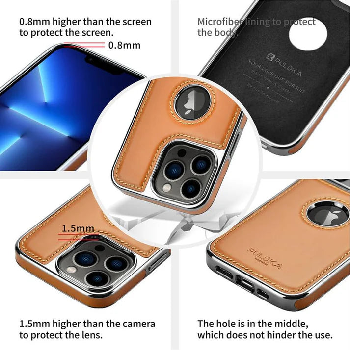 Leather Back Case - Compatible with iPhone Series - Luxury Bumper Case - Flexible Vegan Leather - Electroplated Sides & Logocut - Full Camera Protection & Raised Edges