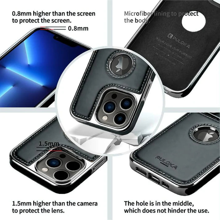 Leather Back Case - Compatible with iPhone Series - Luxury Bumper Case - Flexible Vegan Leather - Electroplated Sides & Logocut - Full Camera Protection & Raised Edges