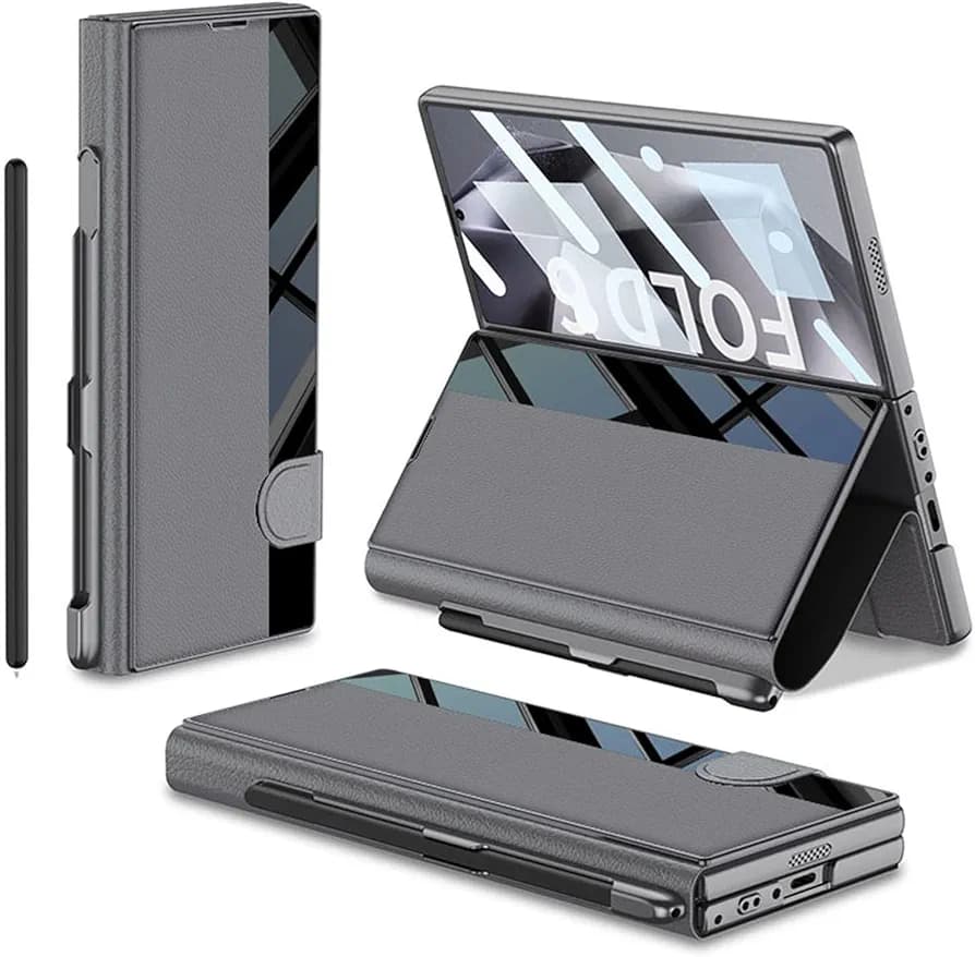 Leather Glass Wallet Flip Flap Case Cover with Pen Slot for Samsung Galaxy Z Fold6 / Galaxy Fold 6 Case Cover ( PEN NOT INCLUDED)