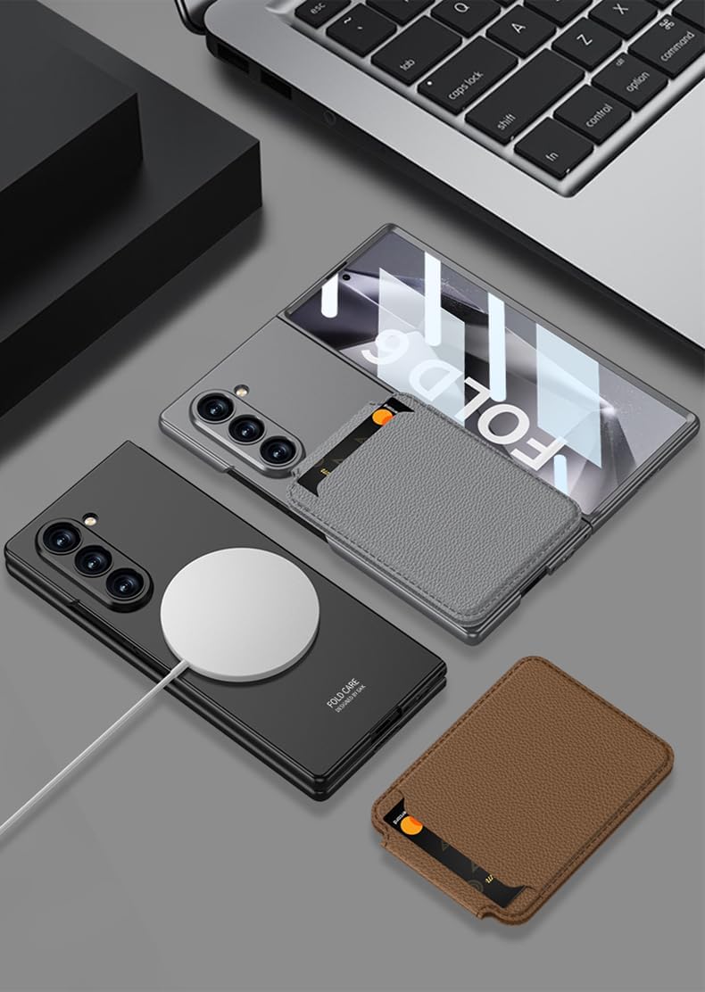 Magnetic Case for Samsung Galaxy Z Fold 6, 2 in 1 Detachable Leather Card Holder Business Phone Cover Support Wireless Charging,Black