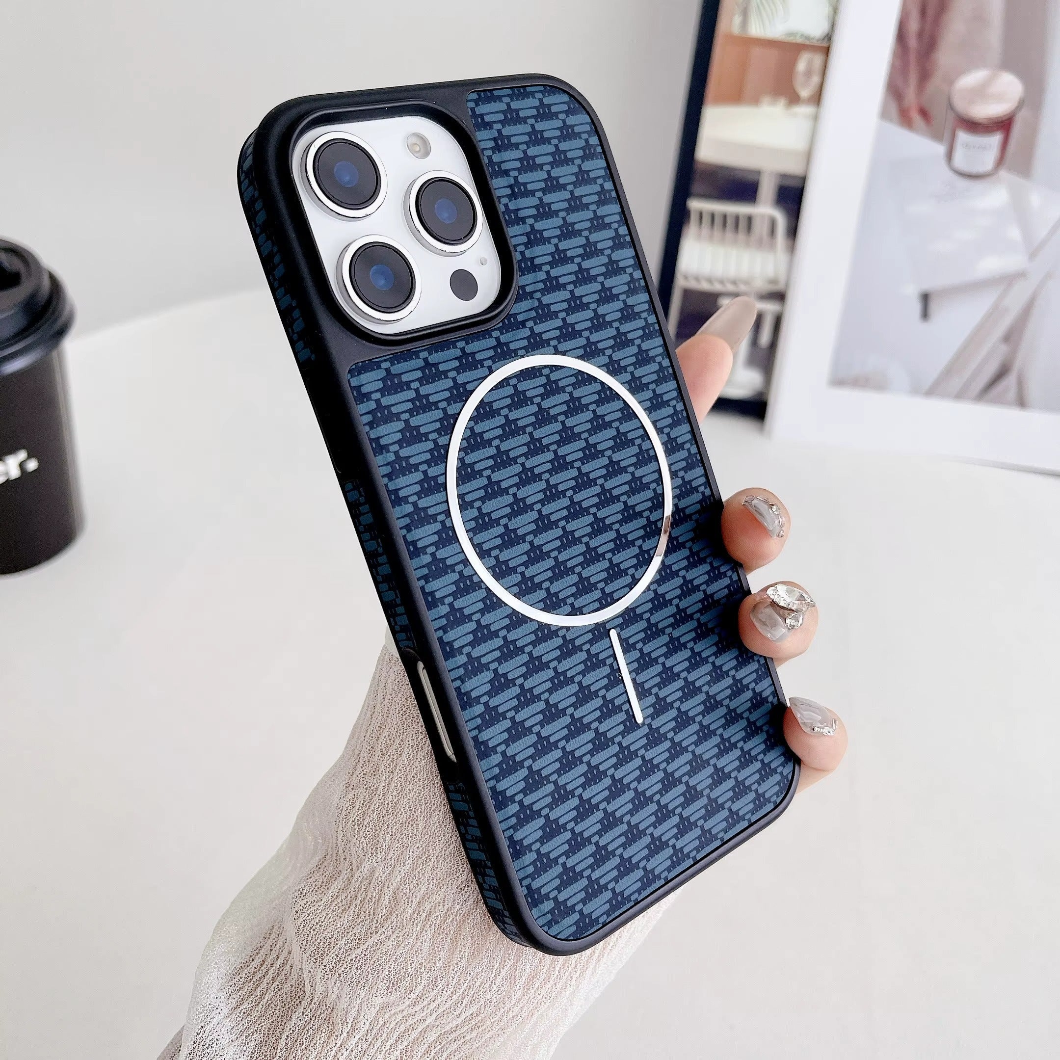 Sports Design Carbon Fiber Pattern Magnetic Protection Cover for iPhone Series Includes Camera Protector